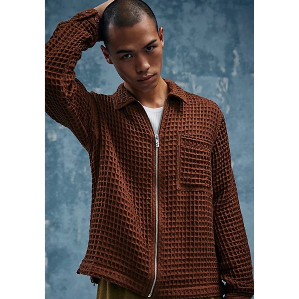 Standard Cloth Mens Waffle Knit Zip Up Shirt Jacket Brown  Size S